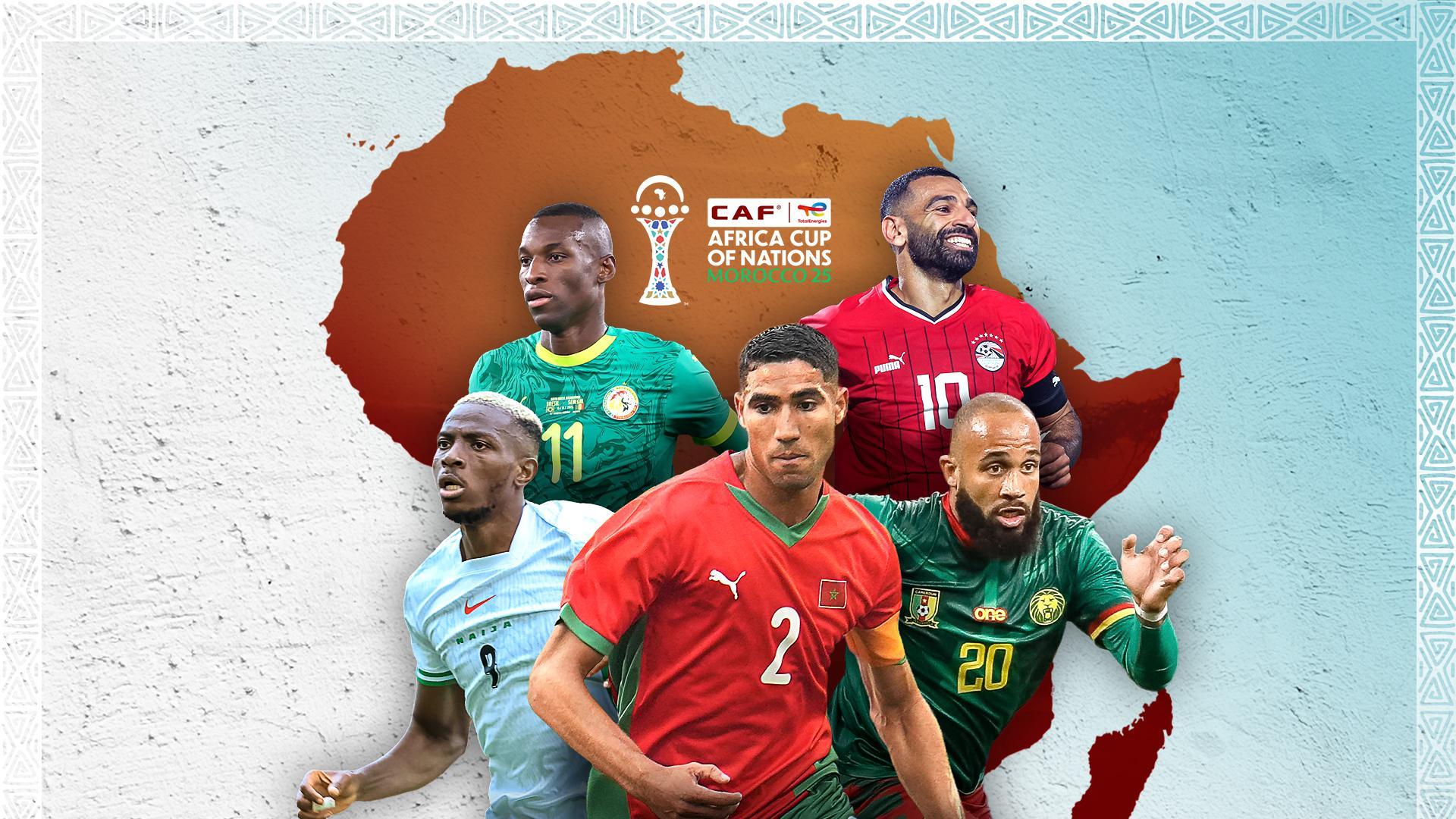 Werbegrafik Afrika Cup mit Logo und Spielertraube vor Hintergrund mit Umriss des Kontinents